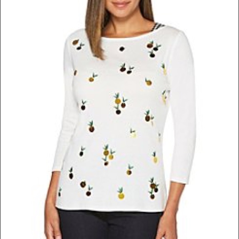 NWT Rafaella Weekend Cotton Sequin Embroidered Lemon Summer Shirt White XSP